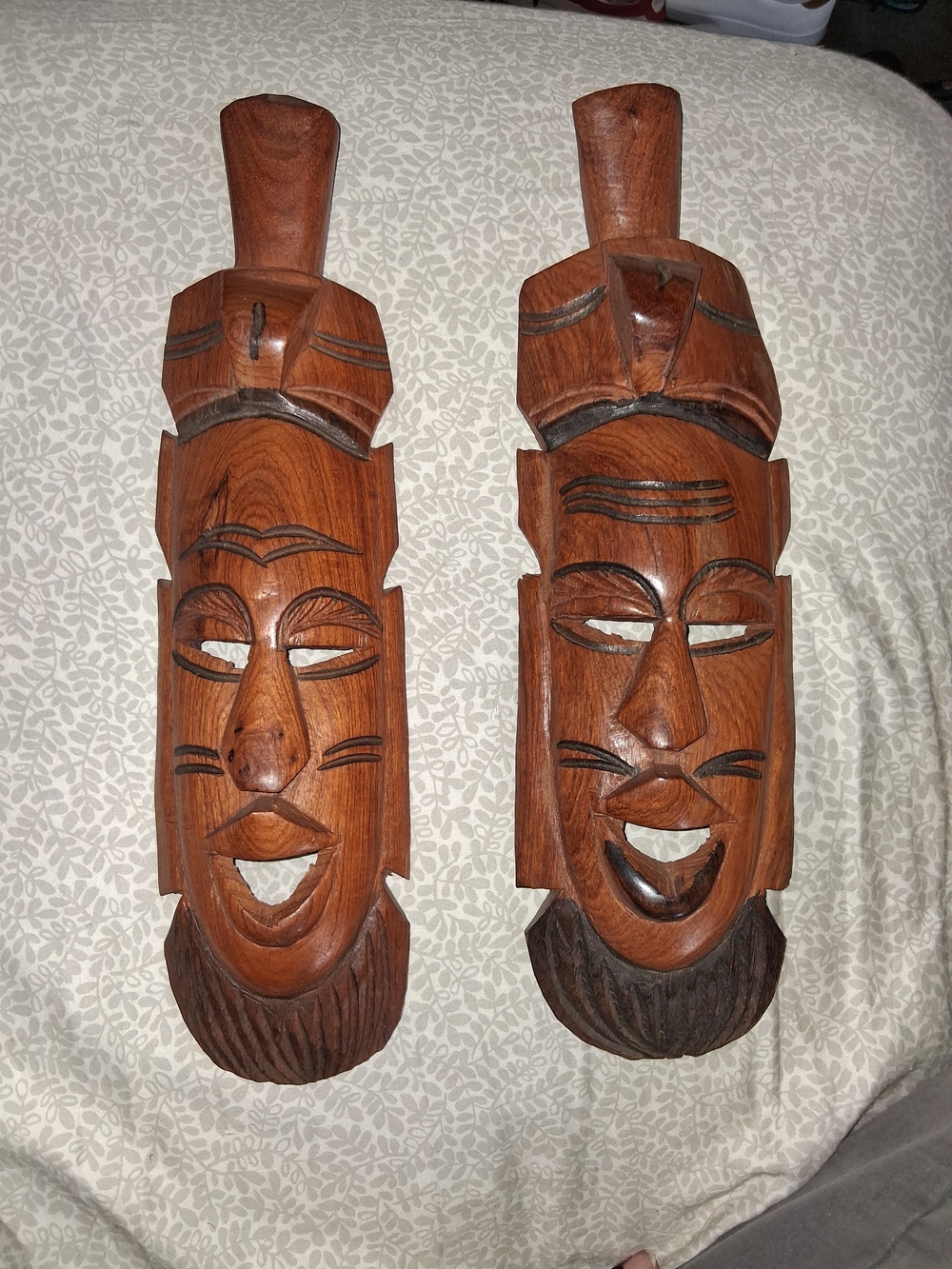 Hand-Carved Wooden Tribal Face Masks - Pair in Warm Brown